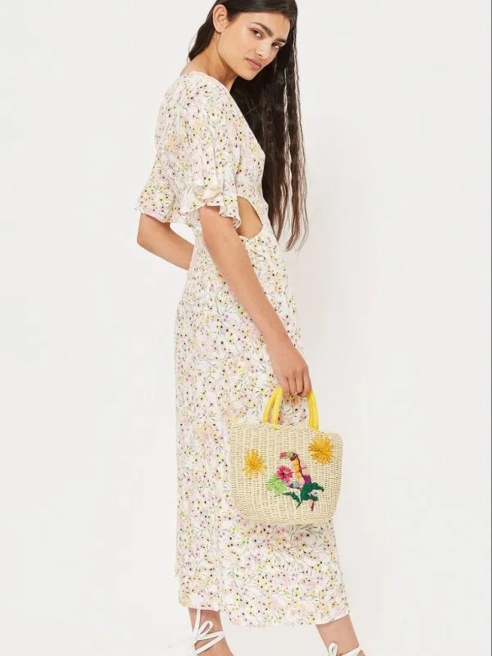 TopShop Floral Cutout Maxi Dress in Light Pink And Yellow